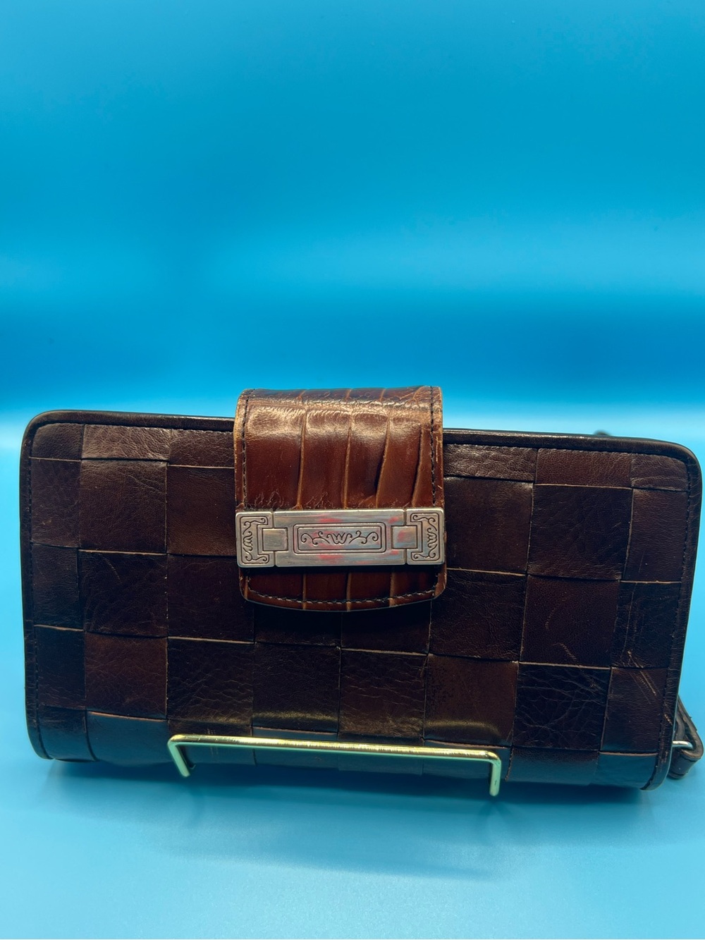 VTG Brighton Giverny Chocolate Brown Leather Basket Weave Wallet Clutch